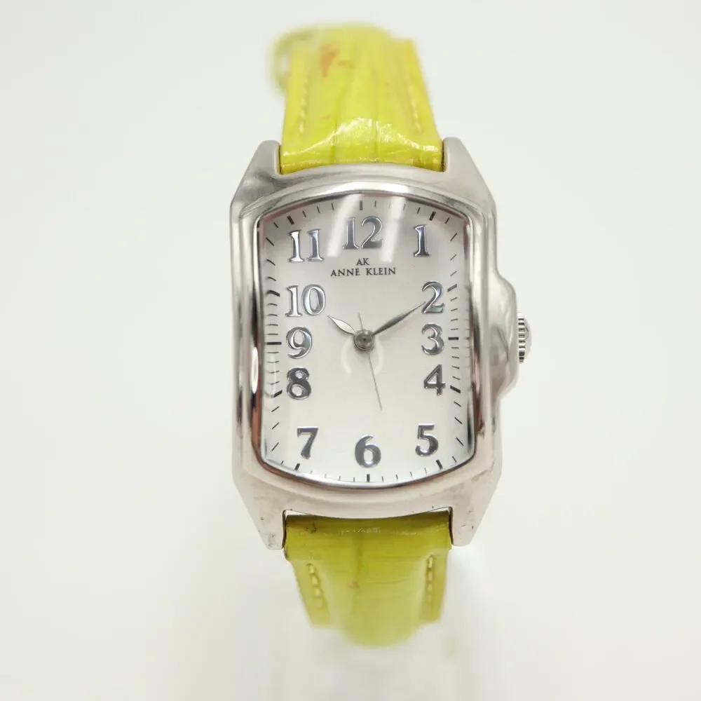 Anne Klein Silver Tone 28mm Rectangle Dome Women Watch Green Leather New Battery